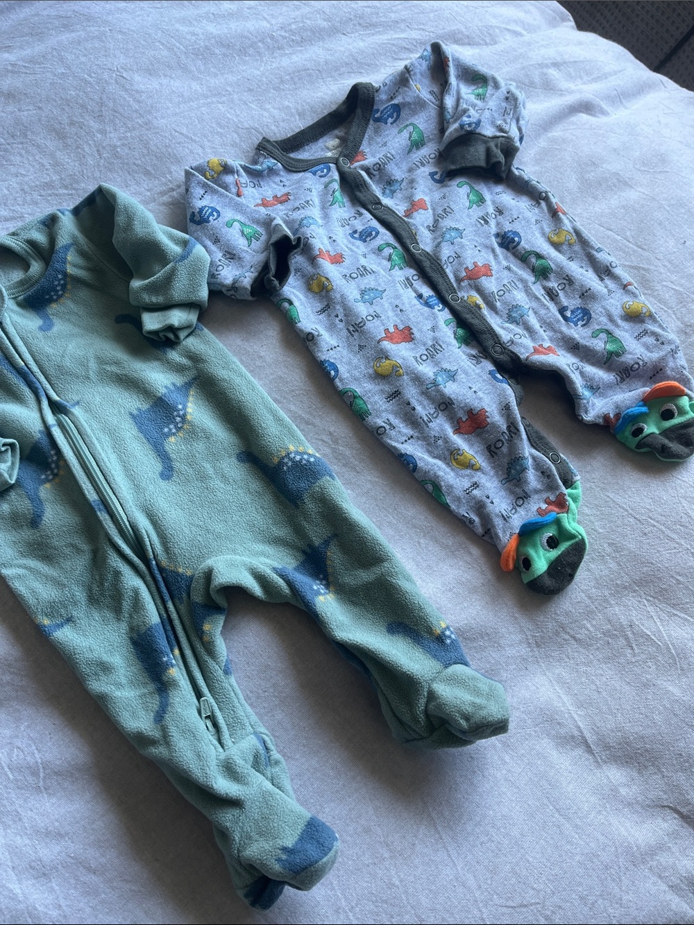 3 = $15 - Green Dinosaur Footed Pajama + Gray Dino Print Footies (x2)